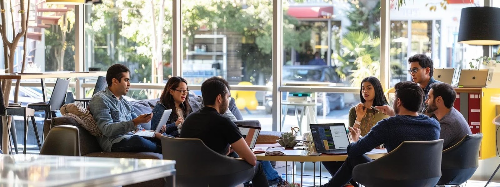 a dynamic office environment showcases a diverse team of tech-savvy professionals collaborating over futuristic digital mock-ups and engaging in spirited discussions, highlighting the innovative essence of a san jose web design company poised for brand transformation.
