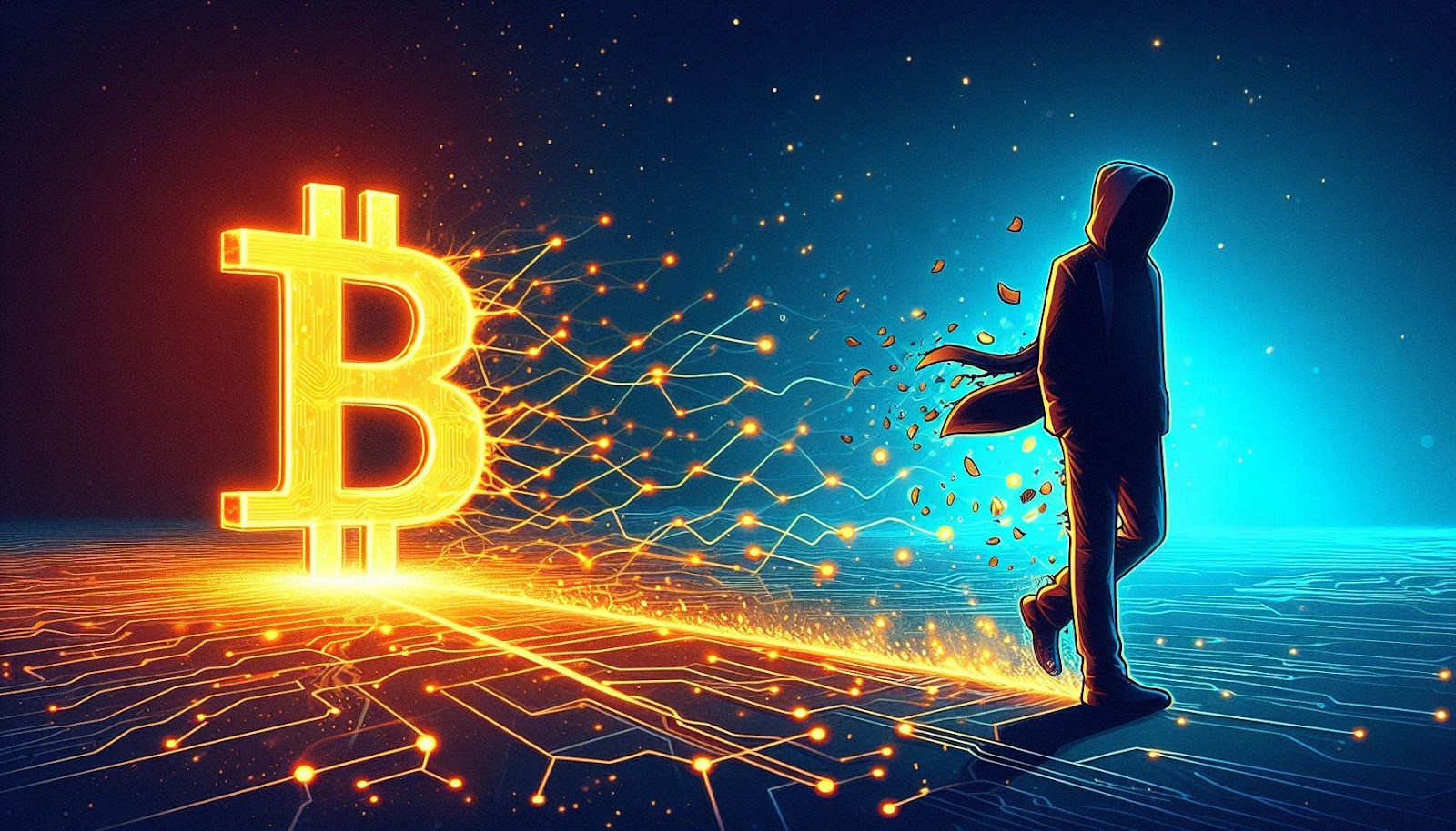 A person walking and a burning logo of bitcoin is in his Background 