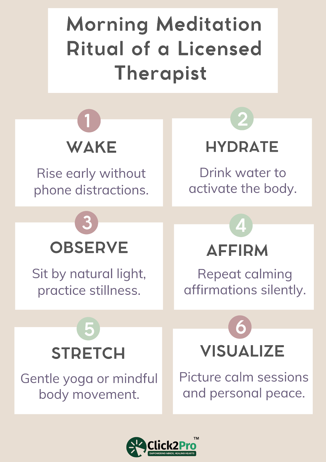 Infographic of a therapist’s 6-step morning meditation ritual to reduce stress and boost focus.