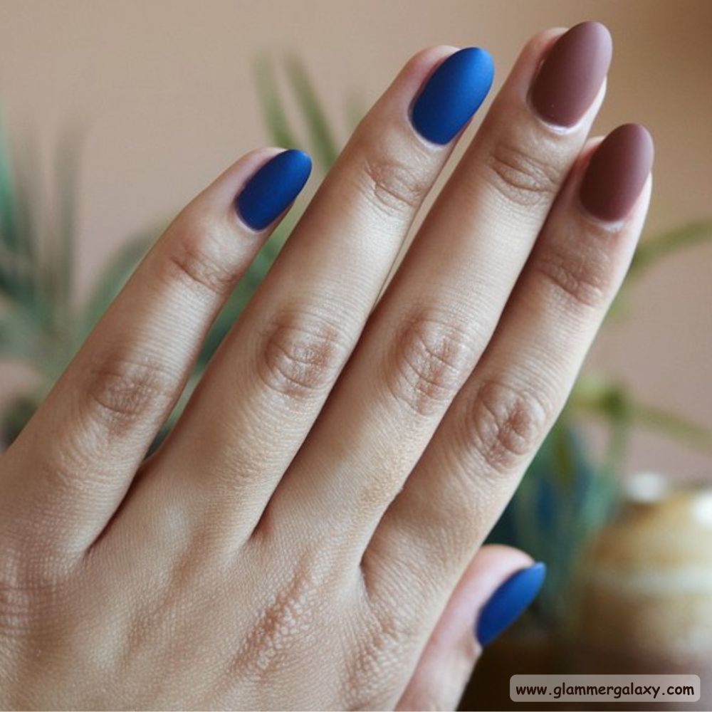 Blue and Brown Nails with Elegant Velvet Finish