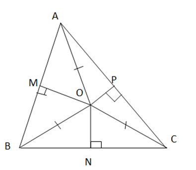 CHƯƠNG 8: TAM GIÁCBÀI 6: TÍNH CHẤT BA ĐƯỜNG TRUNG TRỰC CỦA TAM GIÁC1. ĐƯỜNG TRUNG TRỰC CỦA TAM GIÁCBài 1  Cho tam giác ABC, em hãy dùng thước kẻ và compa vẽ đường trung trực xy của cạnh BC. Đáp án chuẩn: Thực hành 1: Cho tam giác nhọn ABC có M, N, P lần lượt là trung điểm của các cạnh BC, CA, AB. Vẽ ba đường trung trực của tam giác ABC. Đáp án chuẩn: Vận dụng 1: Vẽ ba đường trung trực của tam giác vuông ABC vuông tại A.Đáp án chuẩn: 2. TÍNH CHẤT BA ĐƯỜNG TRUNG TRỰC CỦA TAM GIÁCBài 2: Gọi O là giao điểm của hai đường trung trực ứng với cạnh AB, AC của tam giác ABC (hình 2).- Hãy so sánh độ dài 3 đoạn thẳng OA, OB, OC.- Theo em, đường trung trực ứng với cạnh BC có đi qua điểm O hay không?Đáp án chuẩn: +) OA = OB = OC+) O cũng thuộc đường trung trực của đoạn thẳng BCThực hành 2:  Gọi O là giao điểm của ba đường trung trực của tam giác ABC ( Hình 4 ). Hãy dùng compa vẽ đường tròn tâm O bán kính OA và cho biết đường tròn này có đi qua 2 điểm B và C hay không?Đáp án chuẩn: B, C thuộc đường tròn tâm O bán kính OA.Vận dụng 2: Trên bản đồ quy hoạch một khu dân cư có ba điểm dân cư A, B, C ( Hình 5). Tìm địa điểm M để xây một trường học sao cho trường học này cách đều ba điểm dân cư đó.Đáp án chuẩn: M là giao của ba đường trung trực trong tam giác ABC.BÀI TẬP