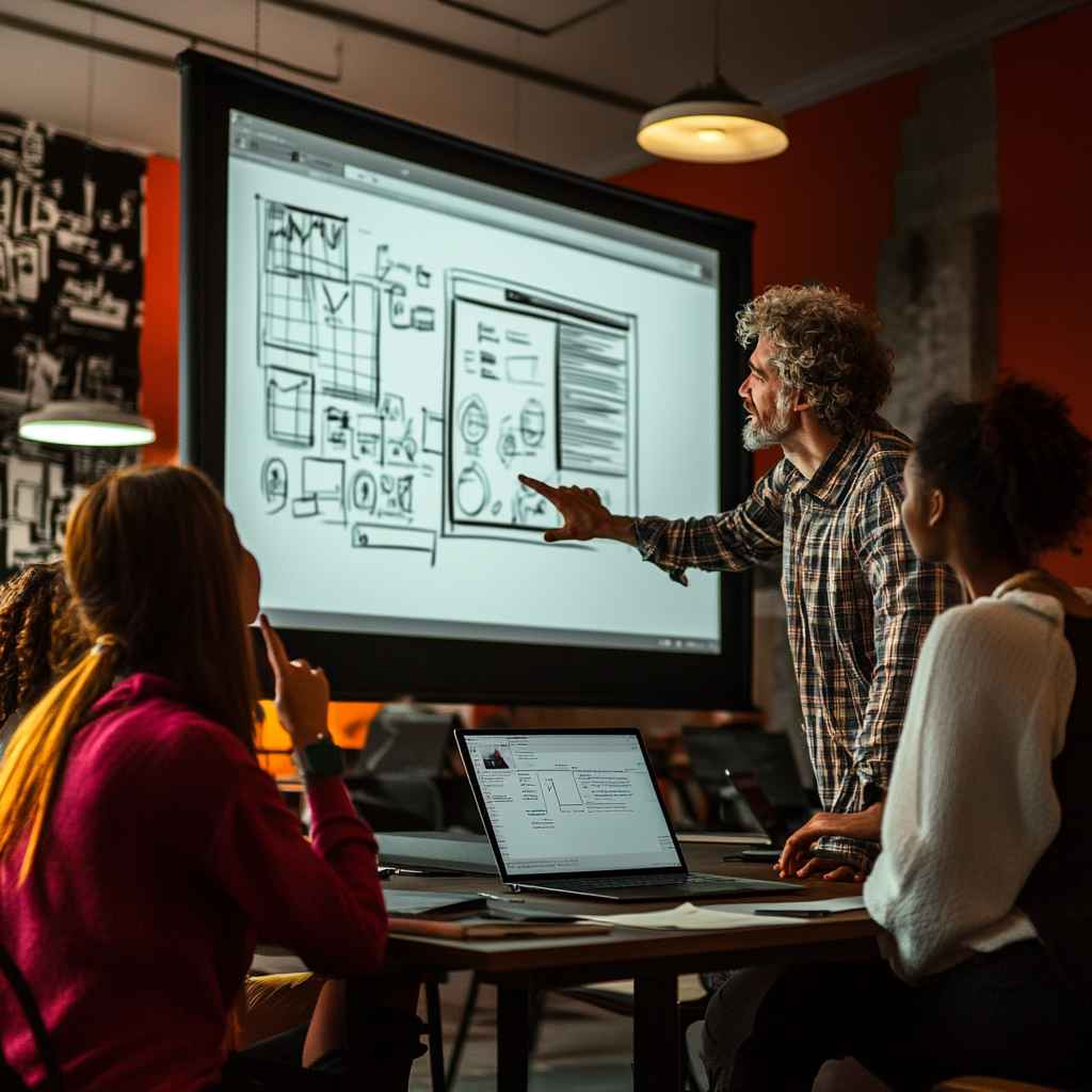 A leader is visualizing his thoughts on a screen.