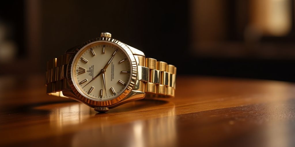 A luxurious Rolex watch on a wooden surface.