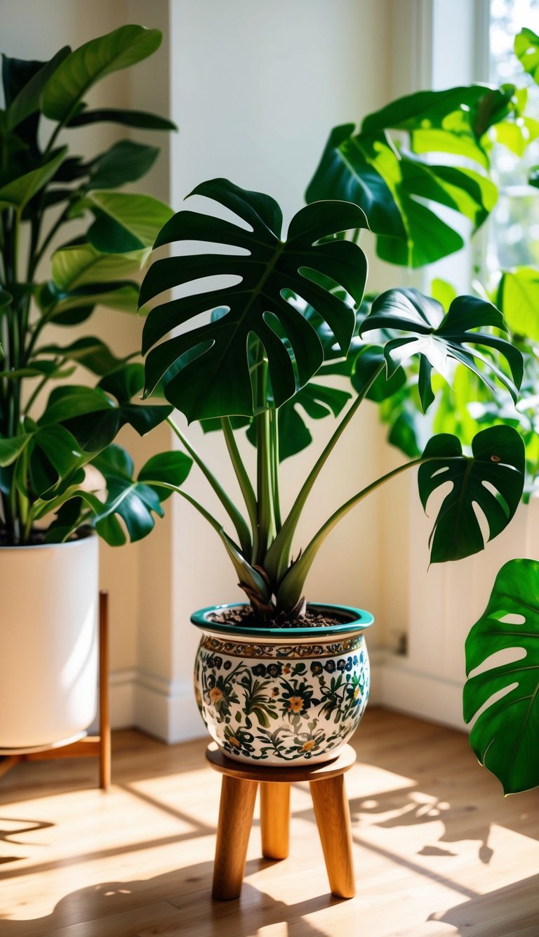 A vibrant Monstera plant sits in a sunlit room, placed in a decorative pot on a wooden stand, surrounded by other lush greenery