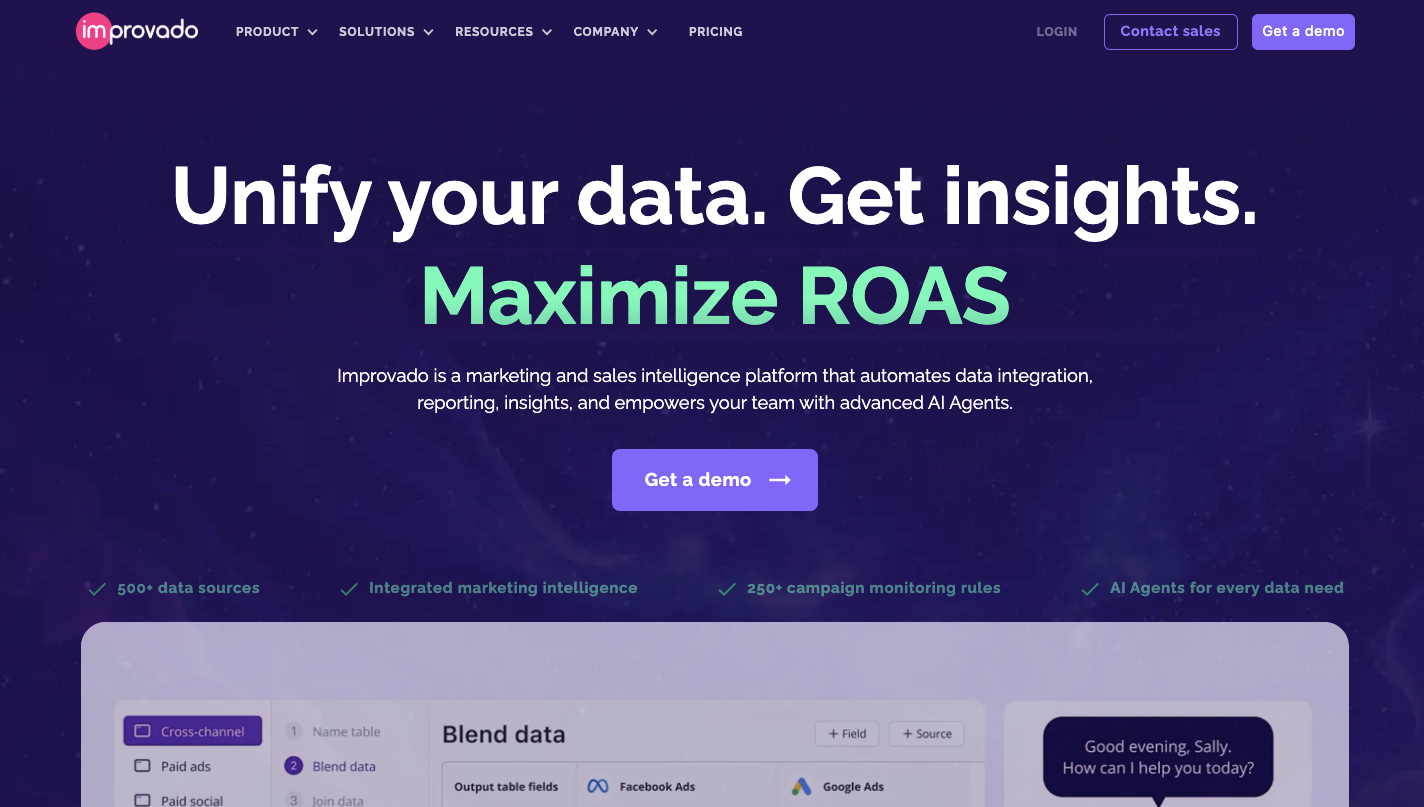 Improvado marketing analytics platform that automates data integration, centralizes marketing data, and helps marketing agencies gain actionable insights from multiple marketing channels.