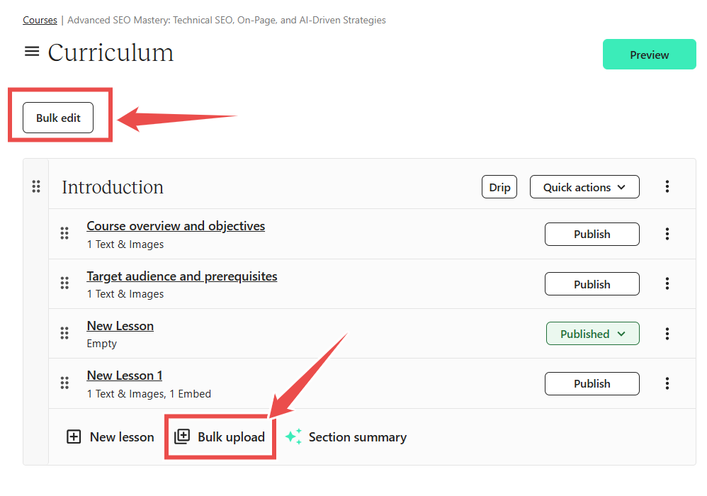 teachable bulk edit and upload inside its curriculum builder