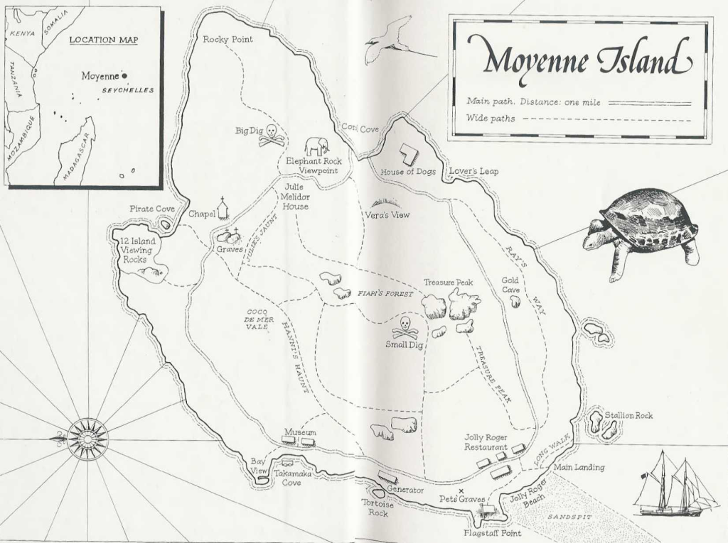 Vintage-style map of Moyenne Island showing the layout and features of Grimshaw's 24-acre property.