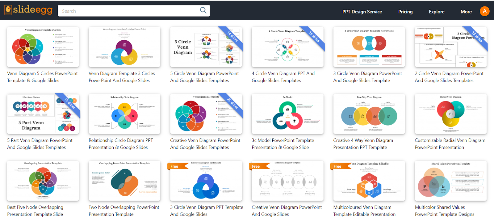 SlideEgg's premade collection of Venn diagram PowerPoint templates, Canva & Google Slides with multicolor layouts.