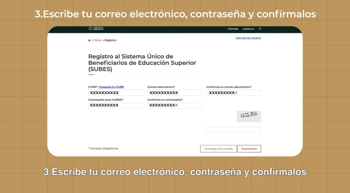 escribe tu correo electronico, contrasena y confirmalos