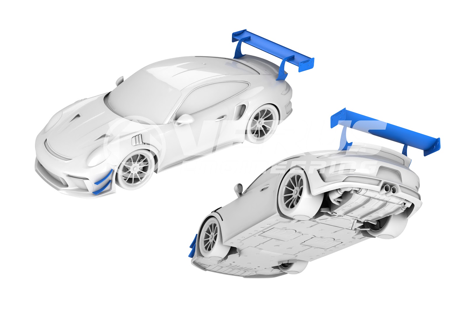 CAD model of Porsche 991 GT3 RS with aftermarket dive planes and rear wing.