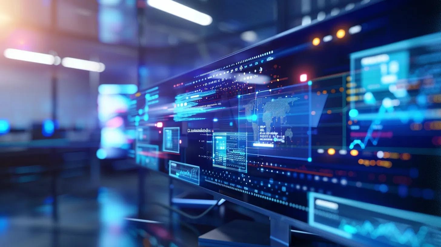 a modern office workspace features a large digital screen showcasing a dynamic interface of a website's breadcrumb navigation and internal linking strategies, with an engaged team of professionals analysing user journey optimisation.