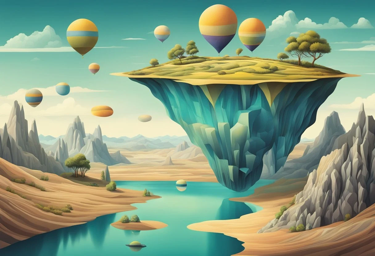 A surreal landscape with floating objects and distorted perspectives, representing the illusory nature of reality