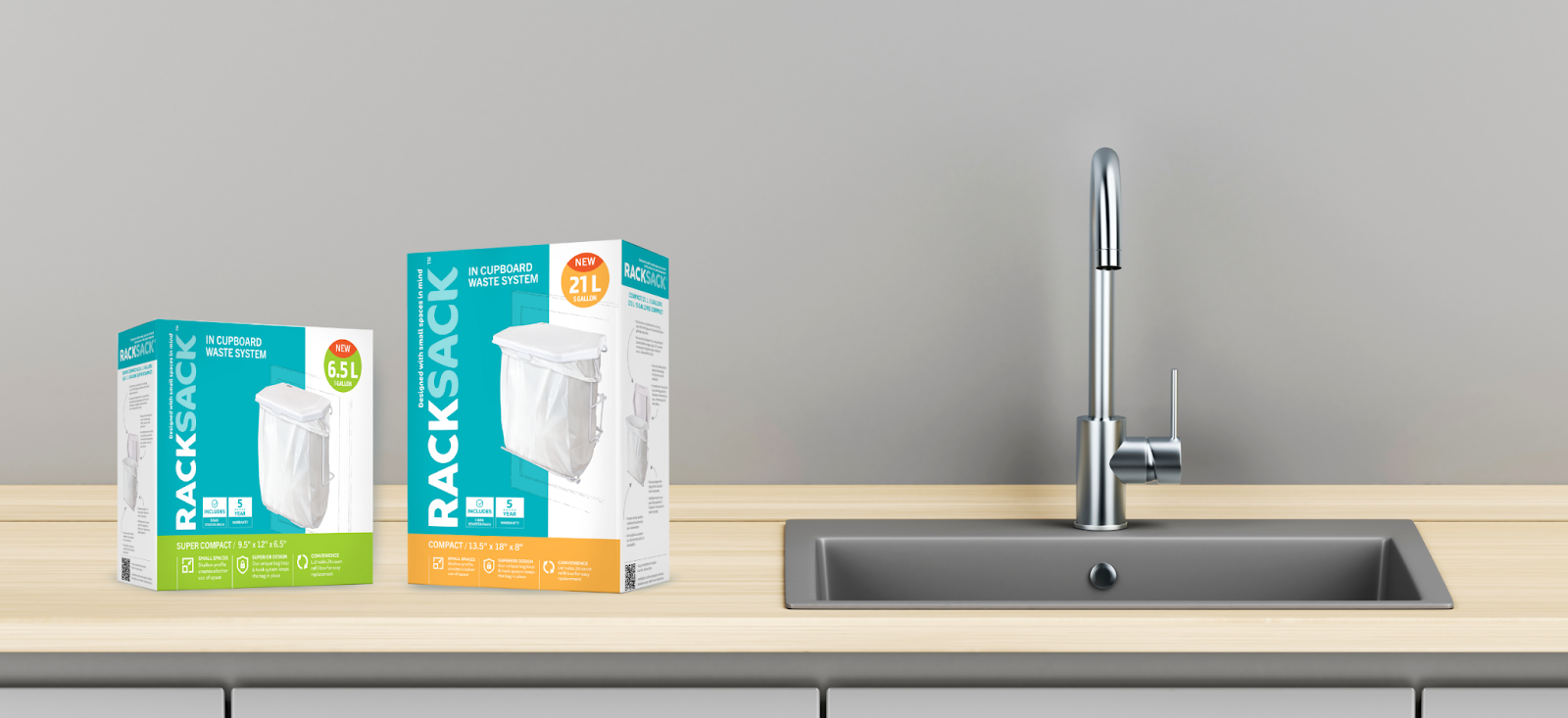 Rack Sack's innovative in-cabinet waste systems 6.5L and 21L showcasing modern kitchen waste solutions