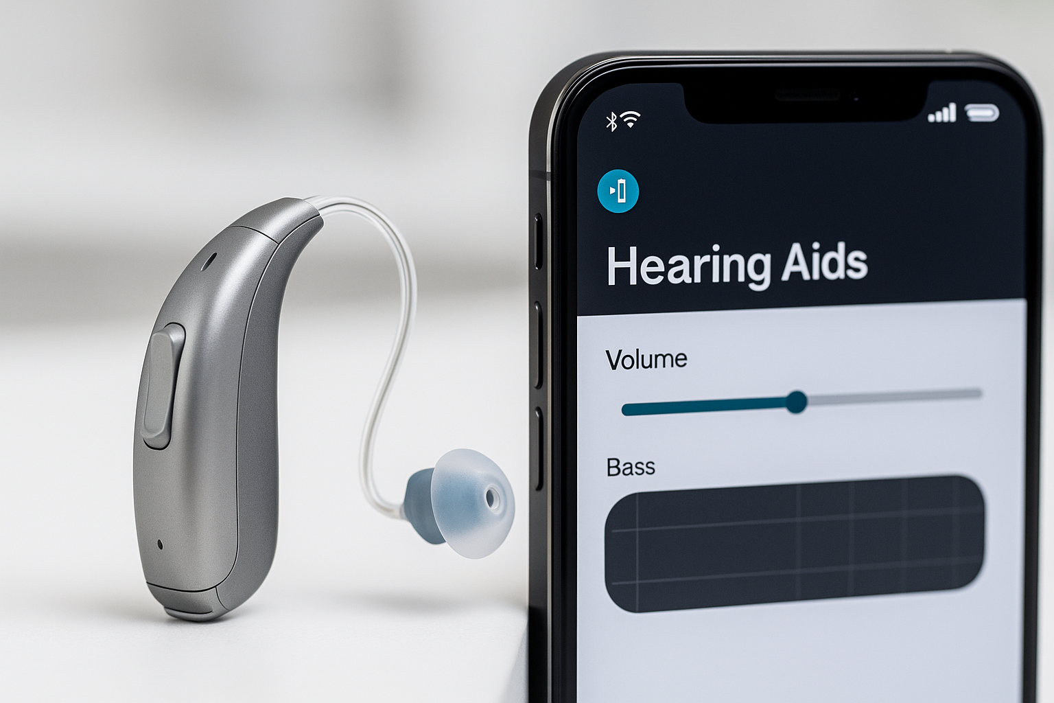 A modern behind-the-ear hearing aid placed next to a smartphone displaying a hearing aid control app with volume and bass settings.