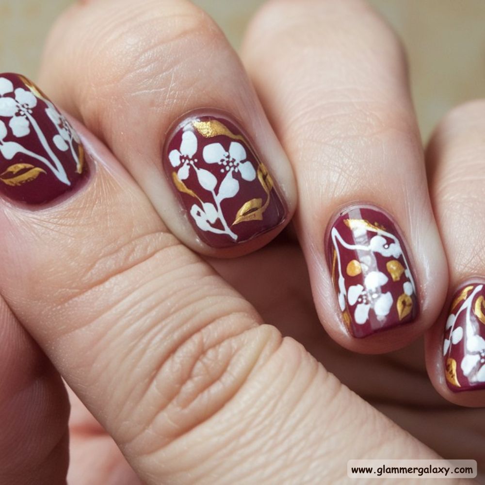 Burgundy fall Nails with Feminine Coquette Style