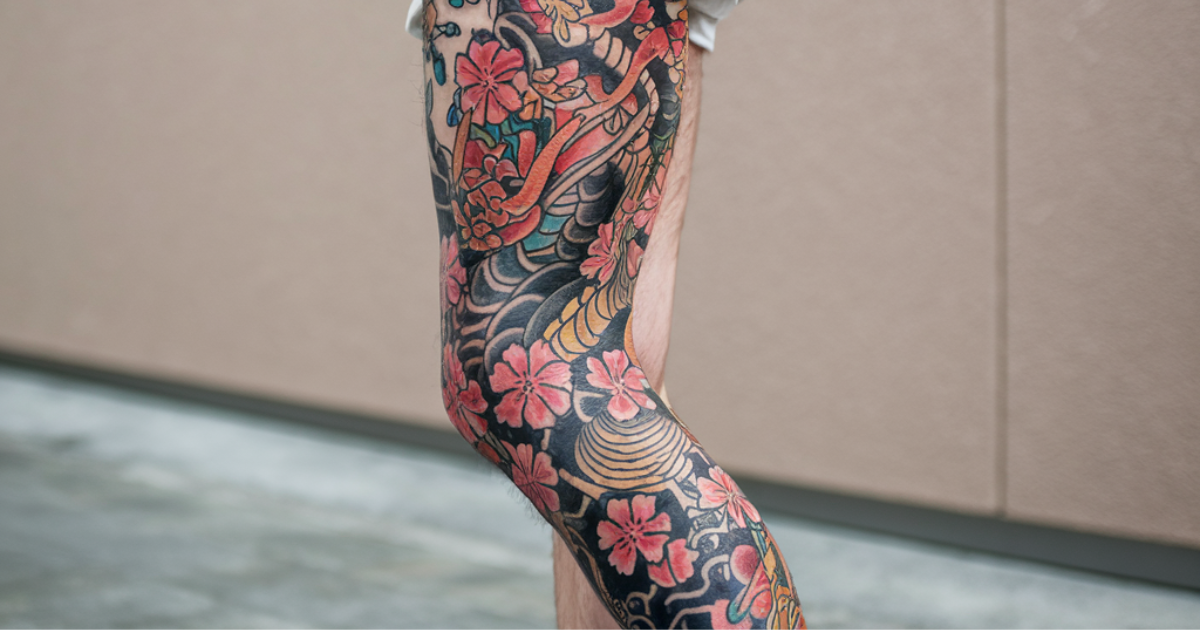 A person showcasing a Japanese leg sleeve tattoo in a traditional Japanese-style room, highlighting intricate designs.