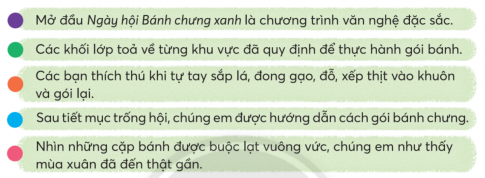 CHỦ ĐỀ 1: BỐN MÙA MỞ HỘIBÀI 1: CHIẾC ÁO CỦA HOA ĐÀOKHỞI ĐỘNGNói với bạn về sự thay đổi của thiên nhiên nơi em ở vào dịp tết theo gợi ý:Giải nhanh:Bầu trời trong xanh, cao vời vợi. Hương hoa ngào ngạt và những loài hoa thi nhau phô sắc.Cảnh vật mùa xuân luôn tràn đầy sức sống. Những cánh hoa mai của đua nhau khoe sắc, chở bao nhiêu dư vị và màu sắc của mùa xuân. KHÁM PHÁ VÀ LUYỆN TẬP1) Đọc và trả lời câu hỏi:Câu 1: Ban đầu, vì sao các loài hoa trong vườn không chú ý đến cây hoa đào?.Câu 2: Mùa xuân đến, cây hoa đào thay đổi như thế nào?Câu 3: Theo cây hoa đào, nhờ đâu mà nó có được những bông hoa đẹp?Câu 4: Vì sao các loài hoa cảm thấy xấu hổ sau khi nghe hoa đào trả lời?Câu 5: Cây hoa đào có gì đáng khen?Giải nhanh: Câu 1: Loài hoa nào cũng cho là mình đẹp nhấtCâu 2: Hoa đào khoác lên mình chiếc áo đẹp tuyệt, hàng nghìn bông hoa thắm hồng xinh xinh đang đùa trong nắng xuân ấm ápCâu 3: Nhờ đất mẹ nuôi nấng, nhờ mưa nắng bốn mùa, nhờ bàn tay chăm sóc sớm hôm của cô chủ.Câu 4: Trước đây, chúng đã không chú ý đến cây hoa đàoCâu 5: Không kiêu căng khi được các loài hoa khác khen mình đẹp, mà hoa đào nói vẻ đẹp này có được nhờ vào công của thiên nhiên và người chăm sóc, không ghét khi bị các loài hoa khác chê mình xấu, và luôn hòa đồng, sống chan hòa với mọi người. 2) Đọc một truyện về lễ hộia. Viết vào Phiếu đọc sách những điều em thấy thú vịGiải nhanh: Sự tích lễ hội Chử Đồng TửĐời Hùng vương thứ 18, ở làng Chử Xá bên bờ sông Hồng, có một chàng trai tên là Chử Đồng Tử. Nhà nghèo, mẹ mất sớm, hai cha con chàng chỉ có một chiếc khố mặc chung. Khi cha mất, chàng thương cha nên đã quấn khố chôn cha, còn mình đành ở không.Một hôm, đang mò cá dưới sông, chàng thấy một chiếc thuyền lớn và sang trọng tiến dần đến. Đó là thuyền của công chúa Tiên Dung, con gái vua Hùng đang du ngoạn. Chàng hoảng hốt, chạy tới khóm lau thưa trên bãi, nằm xuống, bới cát phủ lên mình để ẩn trốn. Nào ngờ, công chúa thấy cảnh đẹp, ra lệnh cắm thuyền, lên bãi dạo rồi cho vây màn ở khóm lau mà tắm. Nước giội làm trôi cát đi, để lộ một chàng trai khỏe mạnh. Công chúa rất đỗi bàng hoàng. Nhưng khi biết rõ tình cảnh nhà chàng, nàng rất cảm động và cho là duyên trời sắp đặt, liền mở tiệc ăn mừng và kết duyên với chàng.Sau đó, hai vợ chồng Chử Đồng Tử không về kinh mà tìm thầy học đạo và đi khắp nơi truyền cho dân cách trồng lúa nuôi tằm, dệt vải. Cuối cùng, cả hai đều hóa lên trời. Sau khi về trời, Chử Đồng Tử còn nhiều lần hiển linh giúp dân đánh giặc.Nhân dân ghi nhớ công ơn Chử Đồng Tử, lập đền thờ ở nhiều nơi bên sông Hồng. Cũng từ đó hằng năm, suốt mấy tháng mùa xuân, cả một vùng bờ bãi sông Hồng lại nô nức làm lễ, mở hội để tưởng nhớ ông.- Tên truyện: Sự tích lễ hội Chử Đồng Tử- Tác giả: Lê Hoàng - Tên lễ hội: Chử Đồng Tử- Cảnh vật: đền thờ ở nhiều nơi bên sông Hồng, … - Con người: nô nức làm lễ, mở hội để tưởng nhớ ông.b. Cảm xúc của em sau khi đọc truyện: Giải nhanh: tự hào, yêu quý ÔN CHỮ HOA V, HViết từ: Hùng VươngViết câu:Tri Tôn có hội đua bòVàm Nao có hội đua đò sang sông.Ca daoGiải nhanh: Học sinh tự thực hiện vào vở.1) Tìm 2 - 3 từ ngữa. Gọi tên lễ hộiM: Lễ đền Hùng Vươngb. Gọi tên hoạt động trong lễ hộiM: Gói bánh chưngc. Chỉ không khí của lễ hộiM: Náo nhiệtd. Chỉ cảm xúc của người tham gia lễ hộiM: Hào hứngGiải nhanh: a. Gọi tên lễ hội: Lễ hội đền Hùng, Lễ hội Gióng, Lễ hội Ka-tê, Lễ hội chùa Hương, b. Gọi tên hoạt động trong lễ hội: Gói bánh chưng, đua thuyền, đấu vật, đấu cờ, đấu võ, c. Chỉ không khí của lễ hội: Náo nhiệt, đông vui, tấp nập, nhộn nhịp, d. Chỉ cảm xúc của người tham gia lễ hội: Hào hứng, tưng bừng, hăng say, vui vẻ, háo hức,...2) Đặt 1 - 2 câu về hoạt động trong lễ hội em đã chứng kiến hoặc tham gia.Giải nhanh:Chúng em tham gia đấu cờ rất hăng say.Chúng em rất háo hức xem chọi trâu.Em tham gia gói bánh chưng cùng mọi người trong gia đình.Em và anh trai cùng tham gia đua thuyền.3) Sắp xếp các câu thành đoạn vănGiải nhanh:Mở đầu Ngày hội Bánh chưng xanh là chương trình văn nghệ đặc sắc.Sau tiết mục trống hội, chúng em được hướng dẫn cách gói bánh chưng.Các khối lớp tỏa về từng khu vực đã quy định để thực hành gói bánh.Các bạn thích thú khi tự tay sắp lá, đong gạo, đỗ, xếp thịt vào khuôn và gói lại.Nhìn những cặp bánh được buộc lạt vuông vức, chúng em như thấy mùa xuân đã đến thật gần.VẬN DỤNG