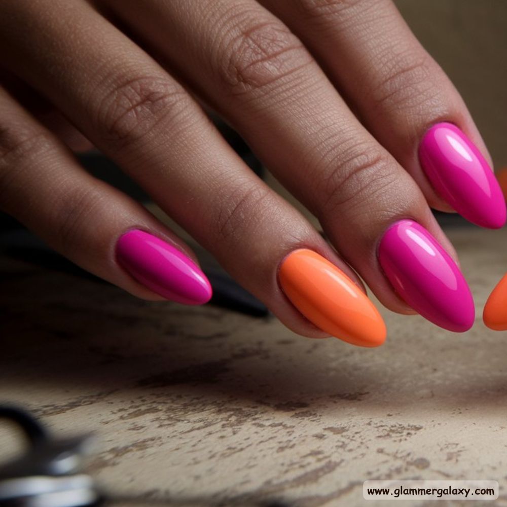 Orange and Pink Summer Nails with High-Energy Hot Pink & Tangerine