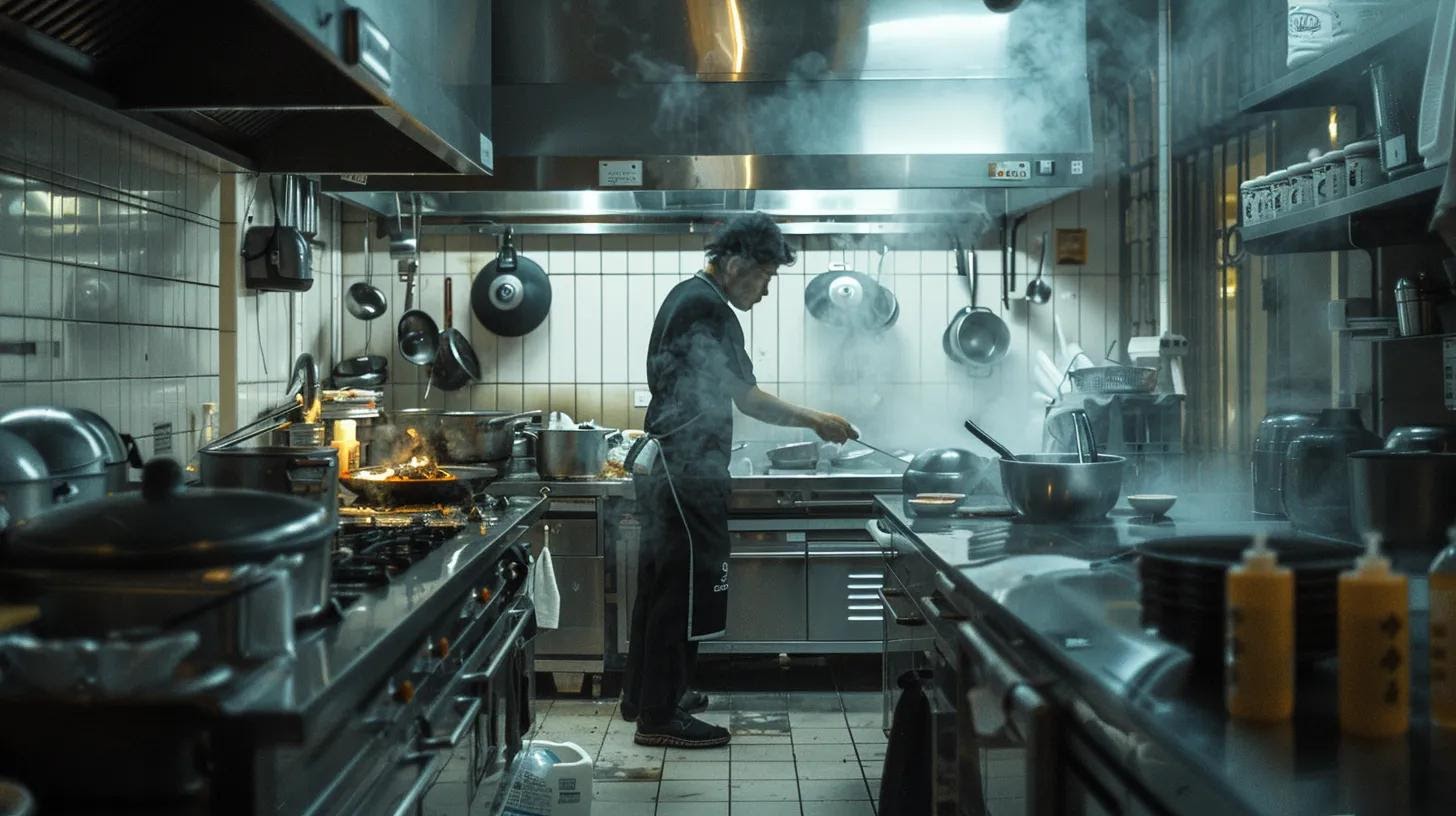 a bustling kitchen scene showcases a professional cleaner meticulously scrubbing behind modern appliances and deep-cleaning surfaces, with gleaming countertops and polished fixtures reflecting the commitment to thorough sanitation.