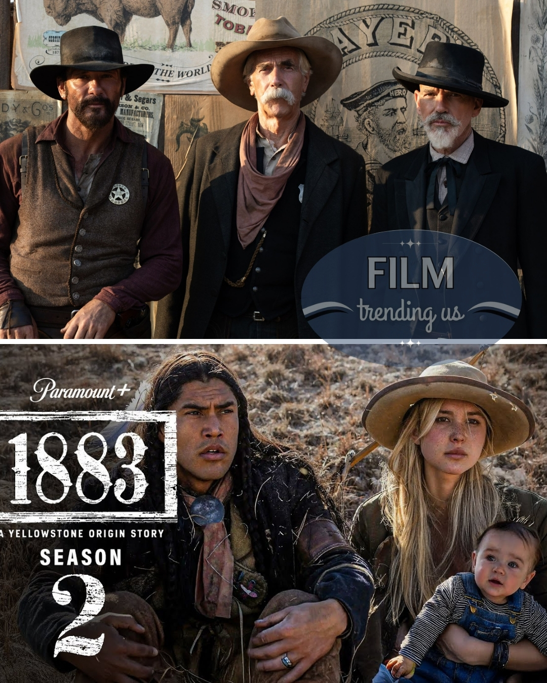 May be an image of 6 people and text that says "መ 番 SMOI TOB! THE WORLE PL WORLF AYE F FILM trending us Paramount + 1883 YELLOWSTONE YELLOWSTONEORIGINSTORY ORIGIN STORY SEASON 2"