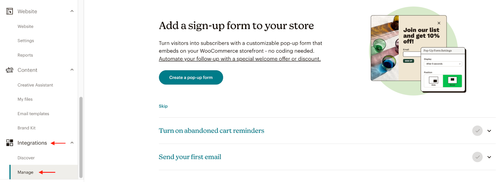 manage the integration of Mailchimp with Woocommerce