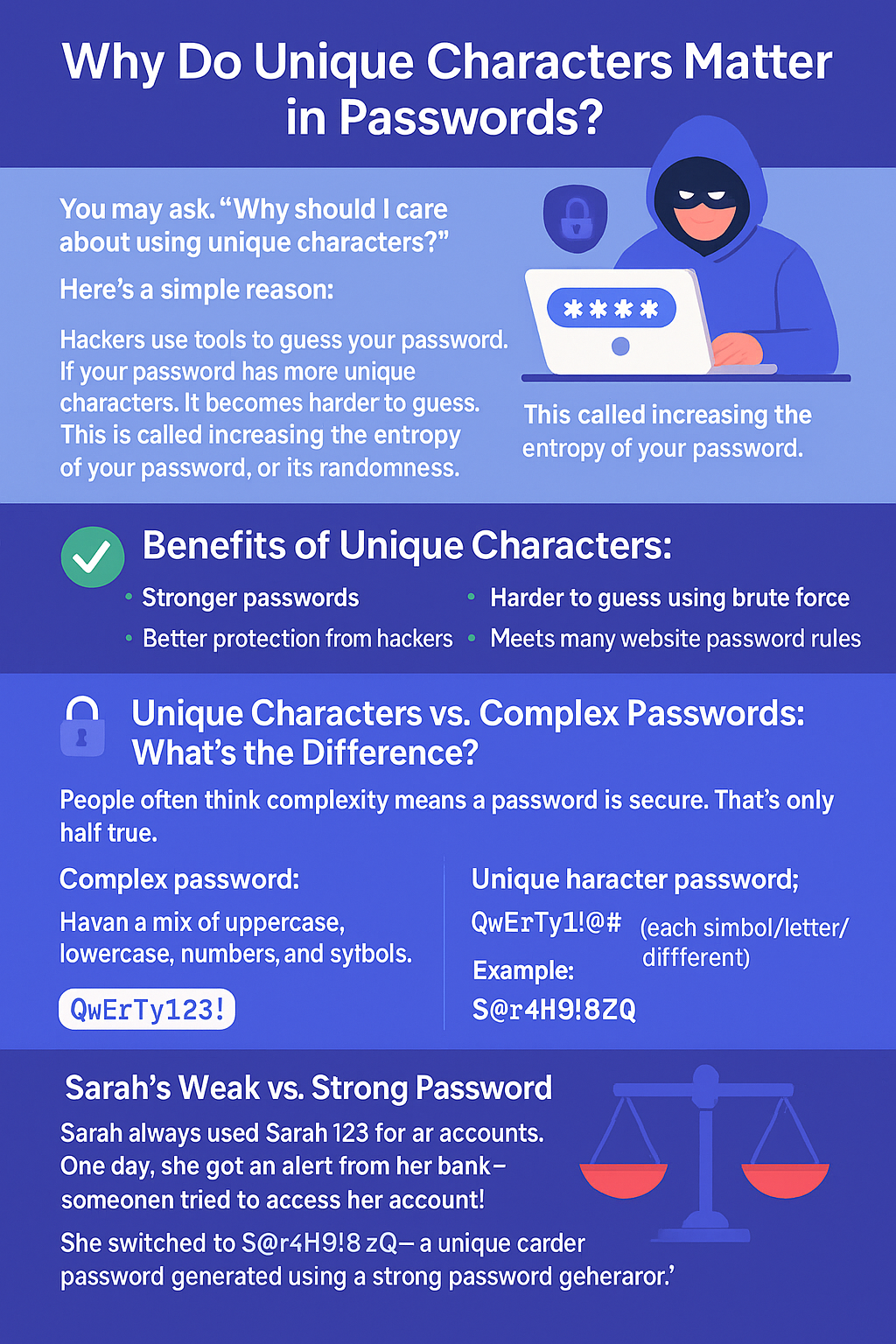You may ask, “Why should I care about using unique characters?”
Here’s a simple reason:
 Hackers use tools to guess your password. If your password has more unique characters, it becomes harder to guess. This is called increasing the entropy of your password, or its randomness.
✅ Benefits of Unique Characters:
Stronger passwords


Harder to guess using brute force


Better protection from hackers


Meets many website password rules



🔐 Unique Characters vs. Complex Passwords: What’s the Difference?
People often think complexity means a password is secure. That’s only half true.
Complex password: Has a mix of uppercase, lowercase, numbers, and symbols.
 Example: QwErTy123!


Unique character password: Each character is not repeated.
 Example: QwErTy1!@# (each symbol/letter/number is different)


A good password has both complexity and uniqueness.
⚖️ Think of it this way:
A complex password is like a lock with multiple dials.


A unique character password is like making sure each dial is different.



Anecdote: Sarah’s Weak vs. Strong Password
Sarah always used Sarah123 for her accounts. One day, she got an alert from her bank — someone tried to access her account!
She switched to S@r4H9!&zQ — a unique character password generated using a strong password generator.
Guess what? No more alerts since then. Sarah now tells her friends to generate strong and safe passwords using tools like a random password generator.
