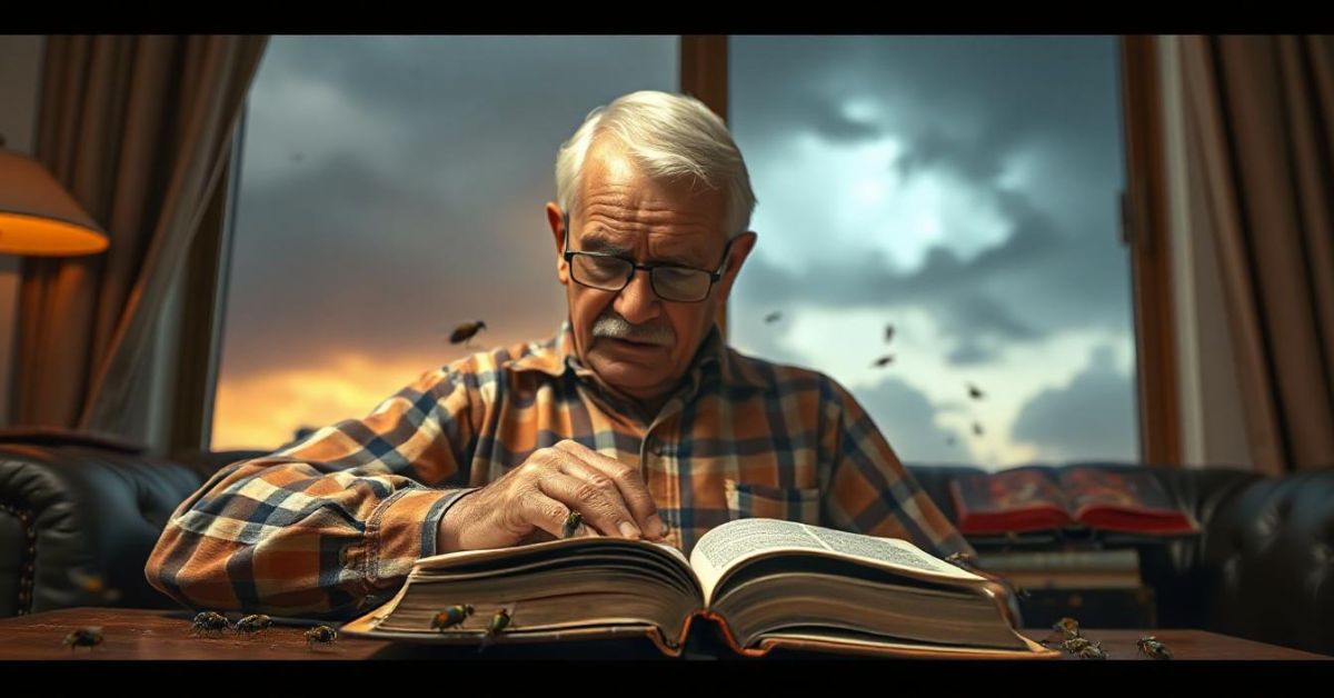 An older man engrossed in reading a book titled "The Symbolism of Flies in Different Cultures.