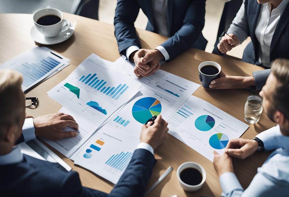 A group of business professionals gather around a table, examining charts and graphs while discussing potential SEO agency partners