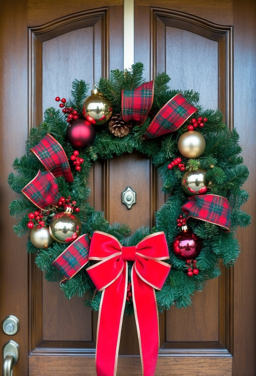 A vibrant tartan plaid wreath adorned with festive ornaments and a red bow hanging on a wooden door