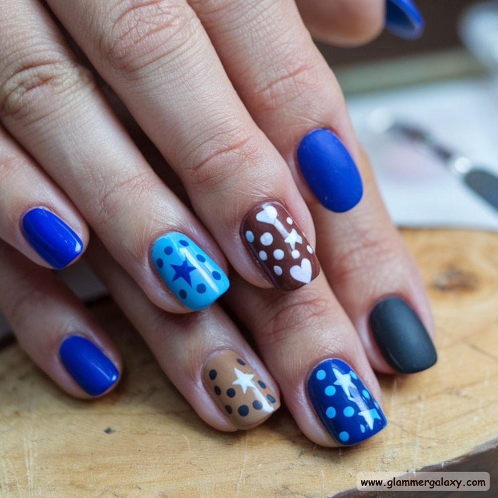 Blue and Brown Nails with Playful Skittle Nails