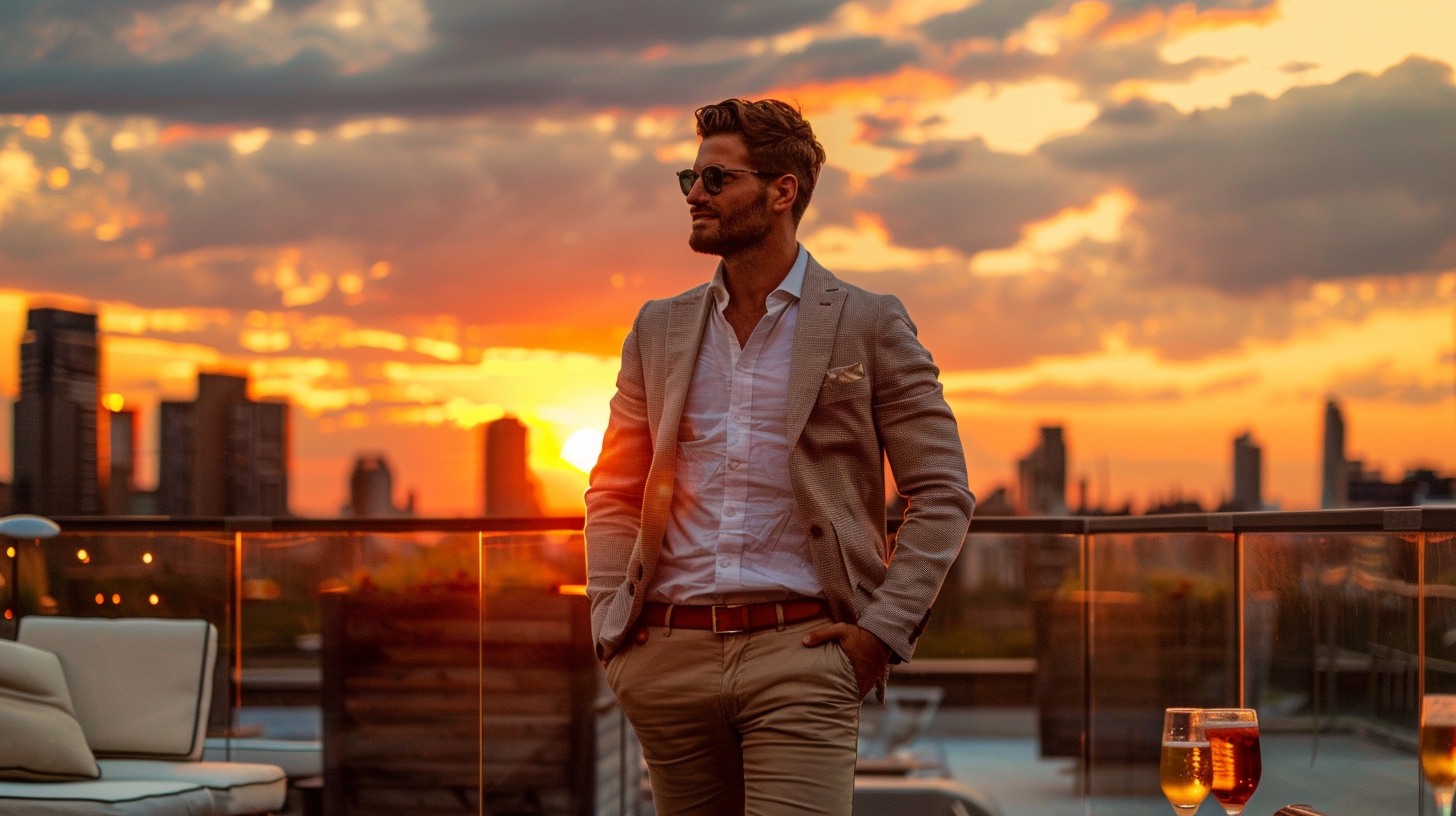 A stylish man wearing a blazer with chinos and a button-down shirt, no tie, paired with loafers, standing casually at a rooftop cocktail event at sunset, city skyline in the background