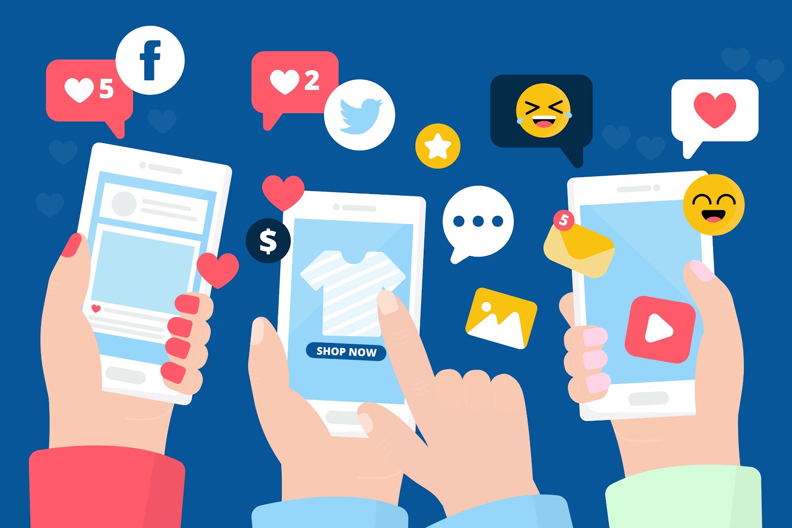 Hands managing digital ads across social media marketing platforms like Facebook and Twitter, evaluating campaign engagement and advertising ROI.