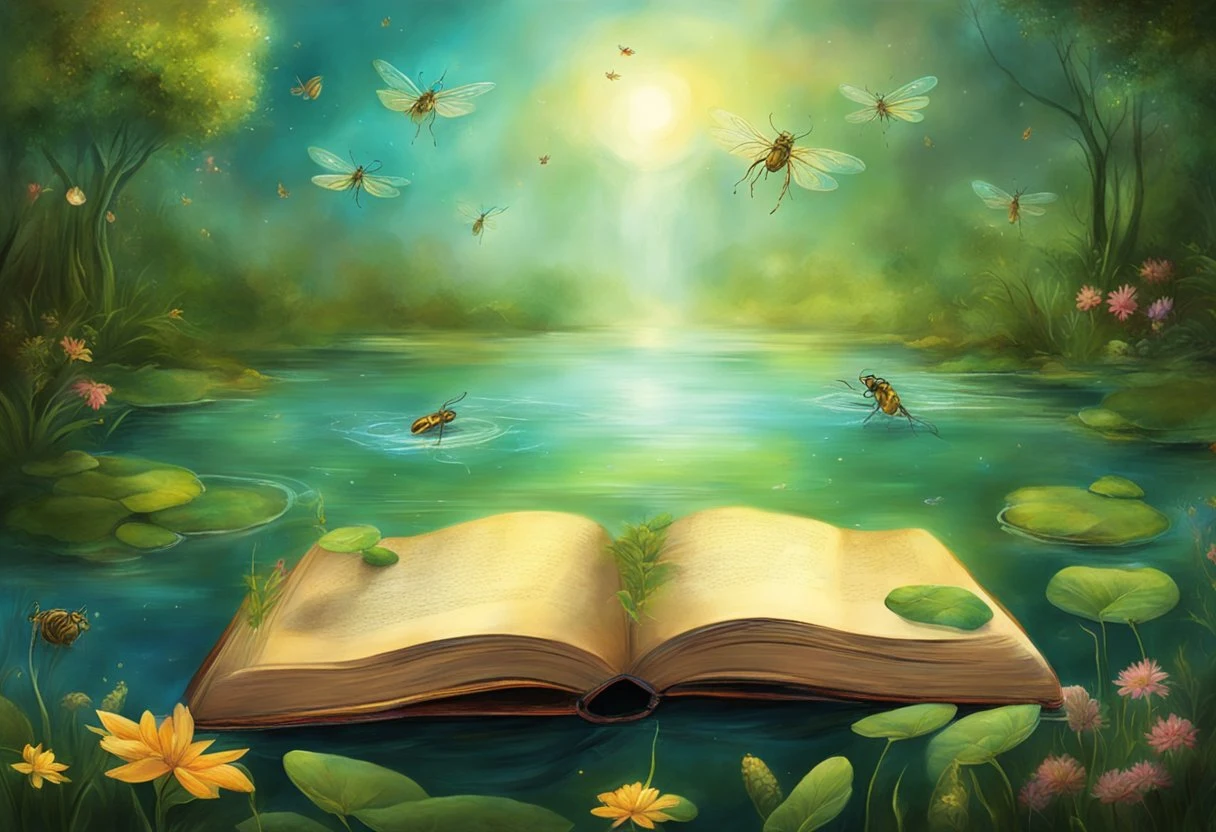 A serene pond with ephemeral insects hovering above. The title "Le pouvoir secret de soi" is visible on a book cover