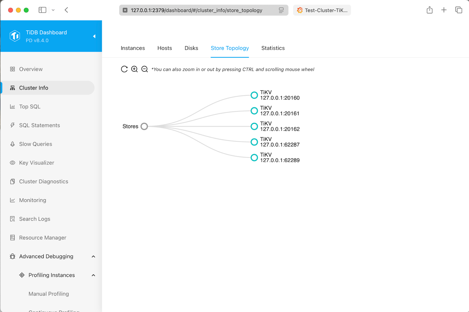 Distributed SQL tutorial: TiDB cluster store topology after TiKV scale-out.