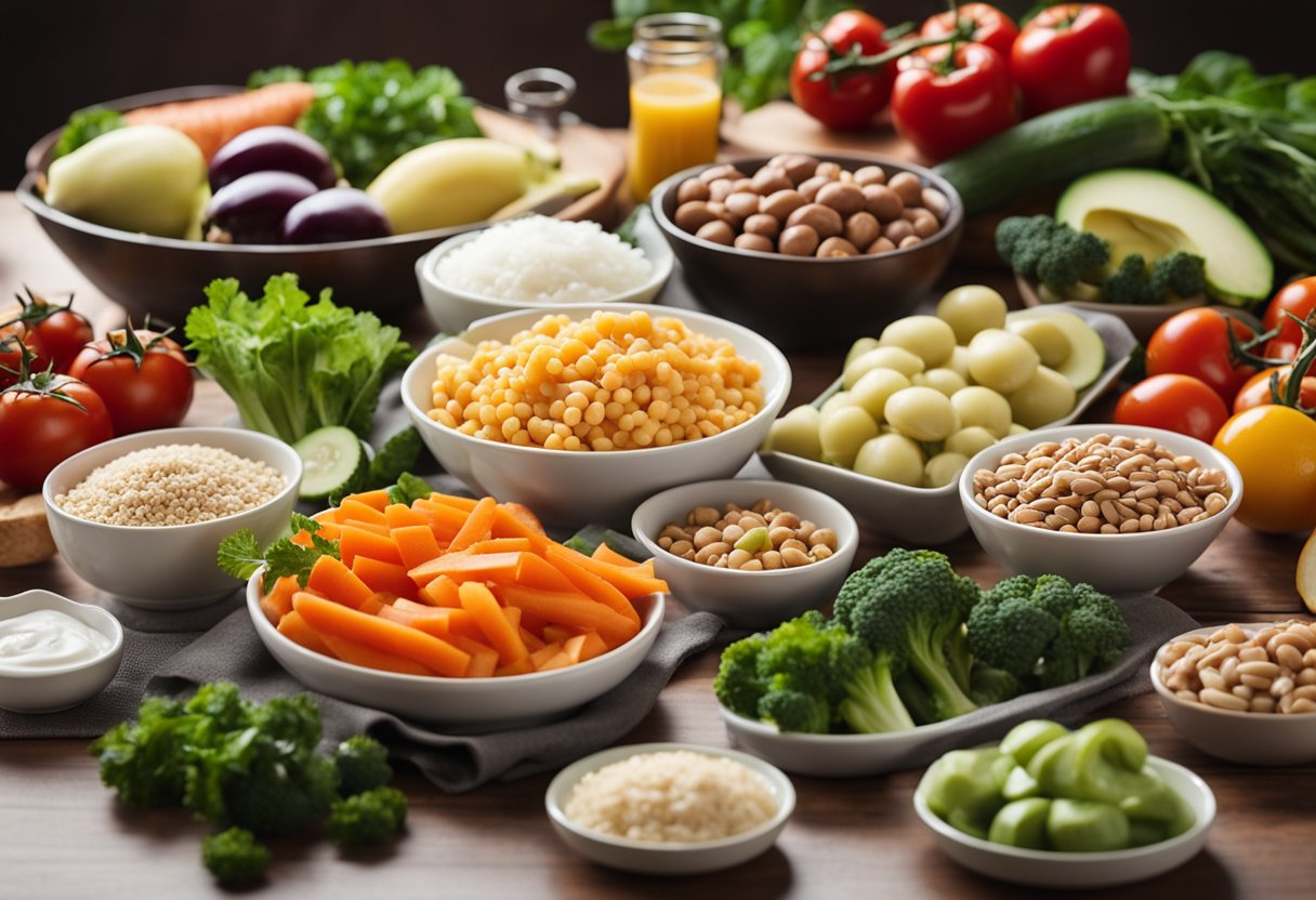 A table set with a variety of keto-friendly foods, including vegetables, lean proteins, and healthy fats. A senior-friendly meal plan is displayed on the table