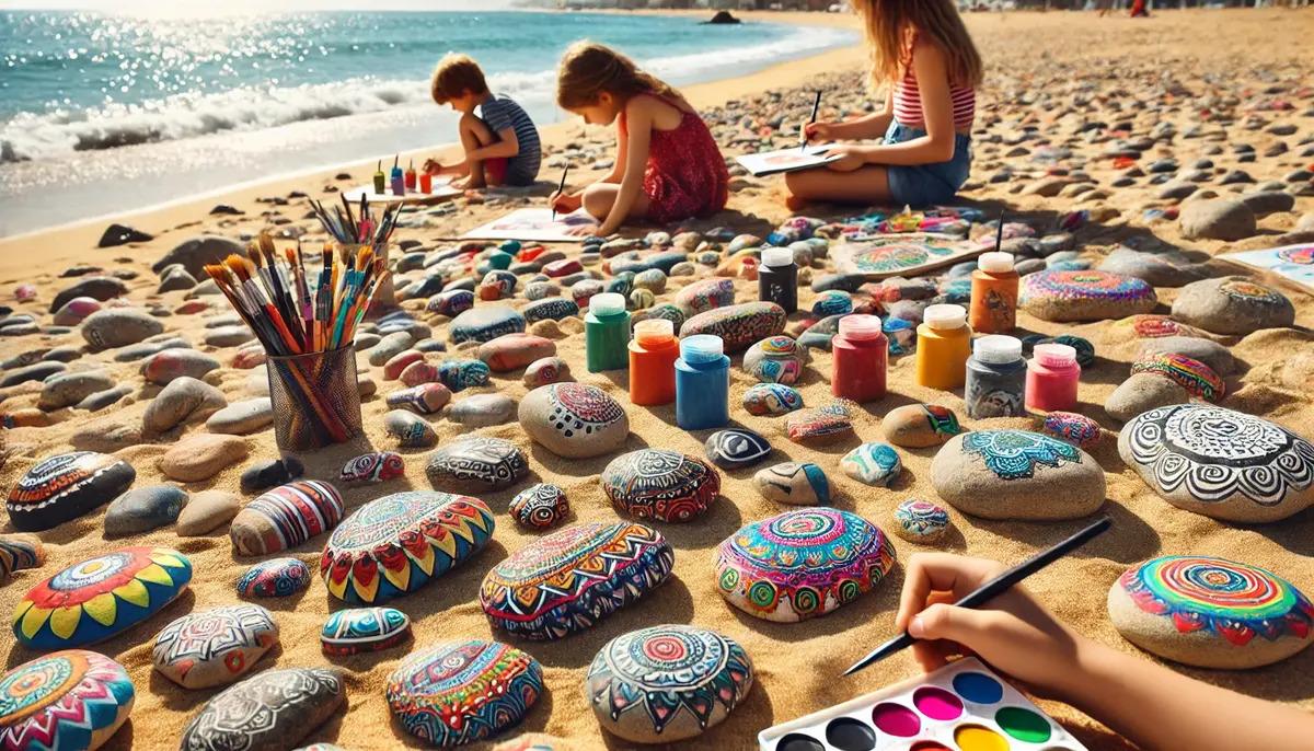 Kids painting on beach rocks
