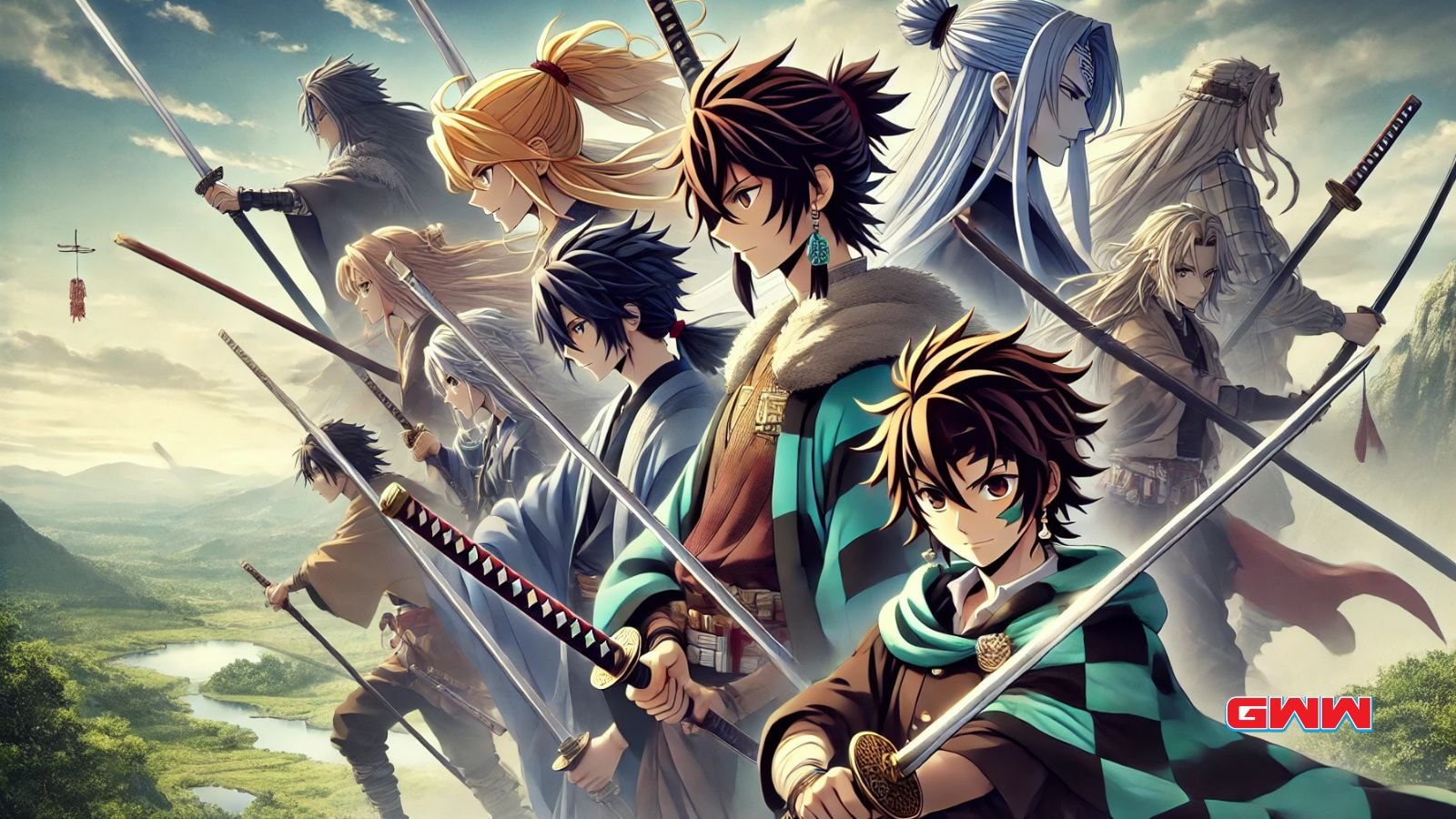 A scene showcasing a group of anime swordsmen, each with unique and distinctive designs.