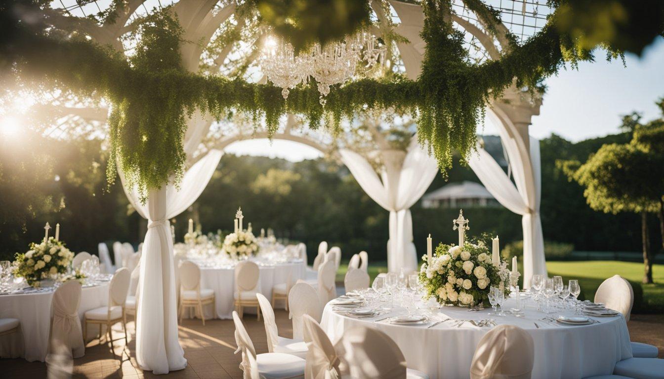 A sunny outdoor wedding venue with lush greenery and a picturesque gazebo, contrasting with an elegant indoor venue adorned with sparkling chandeliers and luxurious furnishings