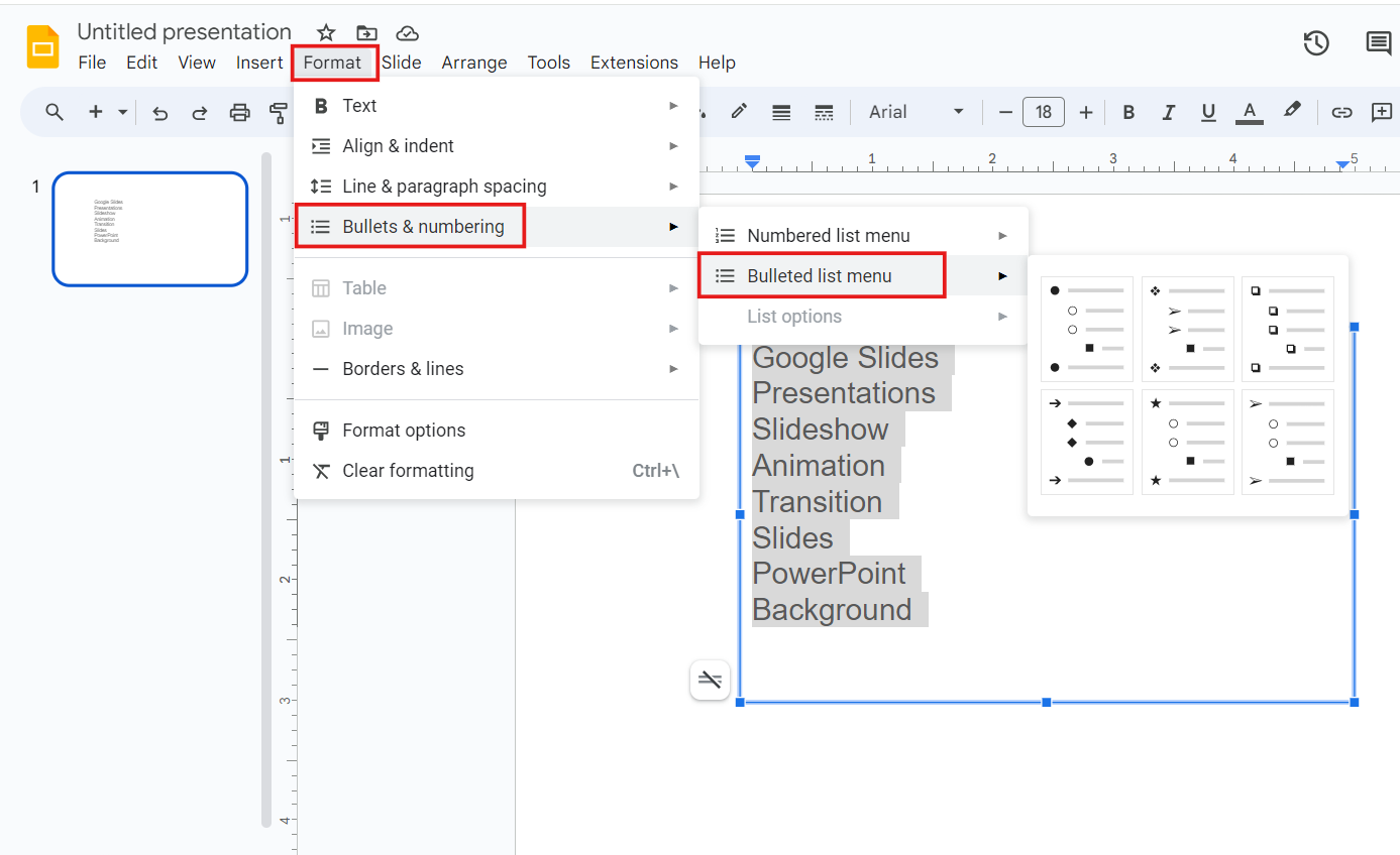 Google Slides Format menu showing options for text alignment, indentation, bullets and numbering, and more.