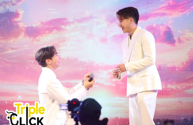 This contain an image of Popular Thai actor Mew Suppasit and his boy friend Tul Pakorn, on their engagement day