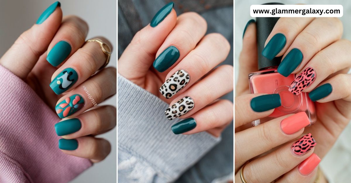 Three images showcasing different nail art designs with teal and pink colors, patterns include leopard spots and abstract shapes.