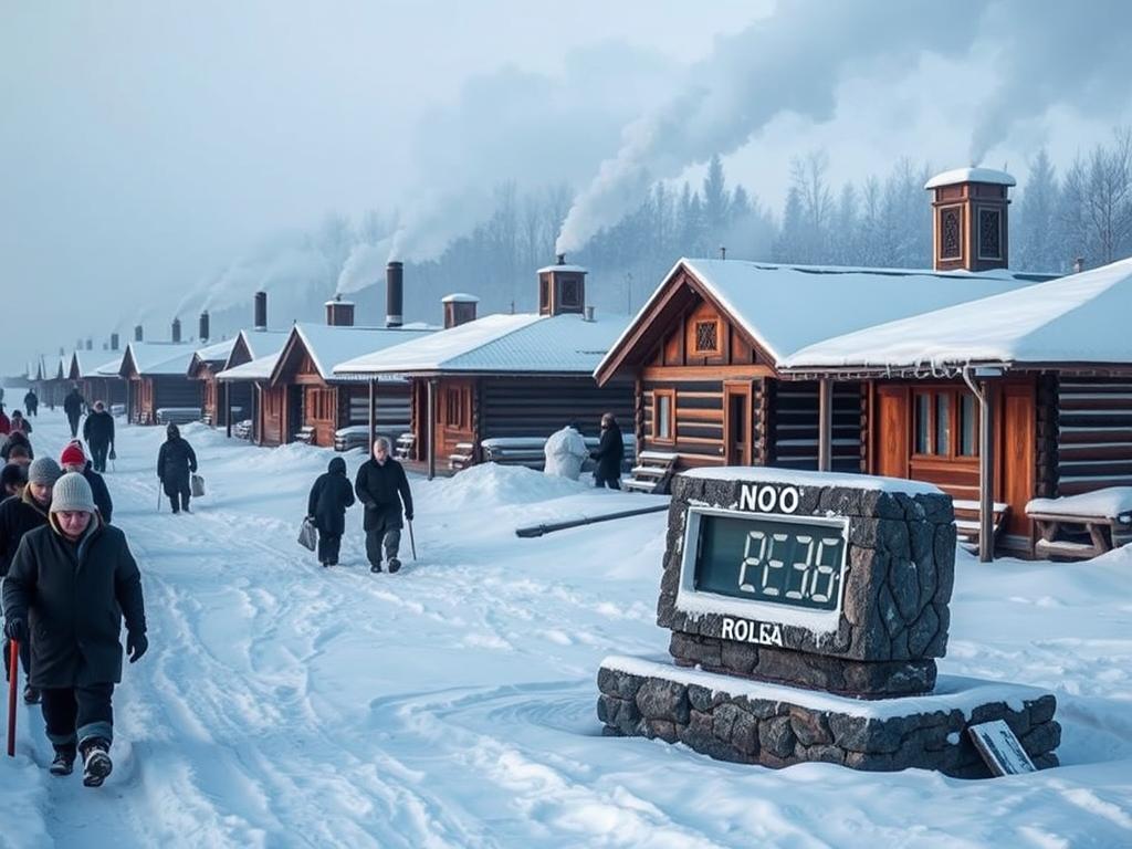Winter scene in Oymyakon showing frost-covered buildings and temperature display in Earth's Most Extreme Temperature Location for inhabited places