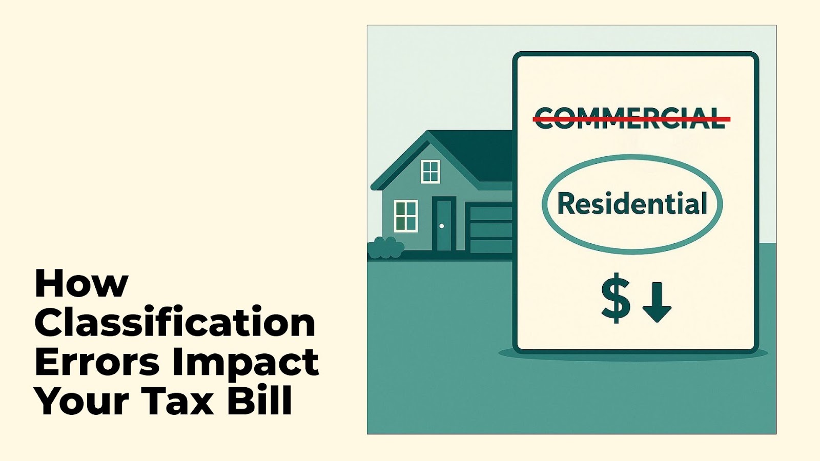 Illustration showing a residential property having its classification corrected from commercial to residential with associated tax savings.