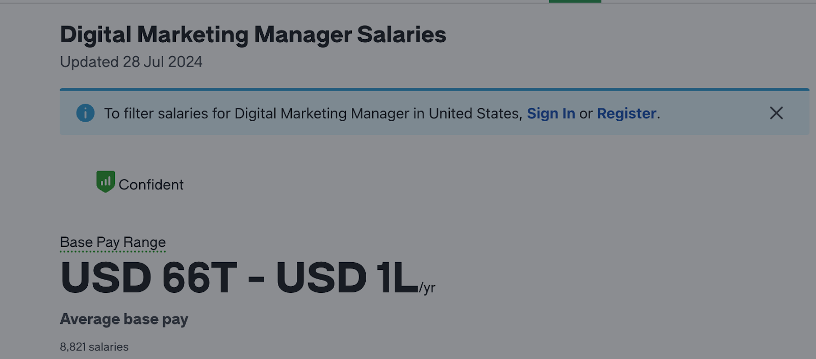 an example of Glassdoor showing the base salary for a digital marketing manager