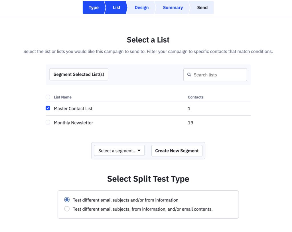 Select a split test type in ActiveCampaign