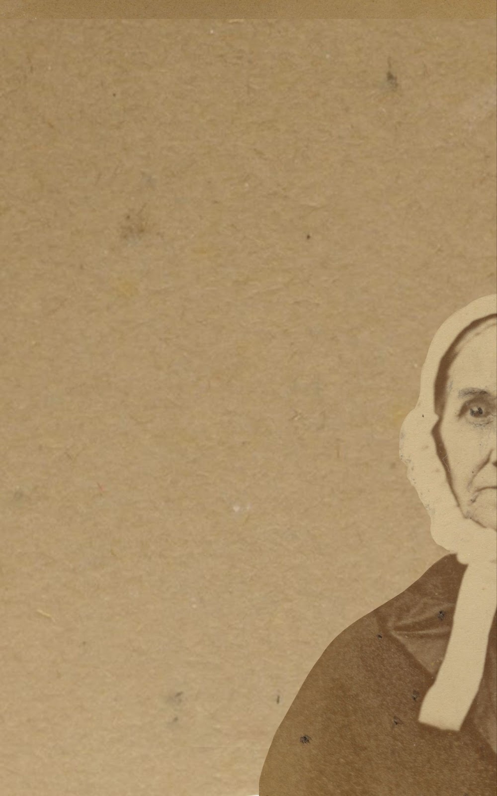A cropped version of the bonnet-wearing woman, showing only the left portion of her shoulders and her head, with ample extra space at the top and left of the photo
