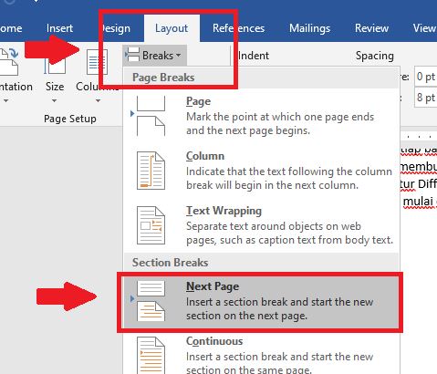 Masuk ke menu “Layout” kemudian cari sub menu “Breaks”. Selanjutnya klik pilihan “Next Page”. 