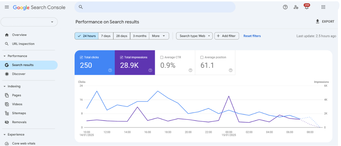 google search console 24 hours view