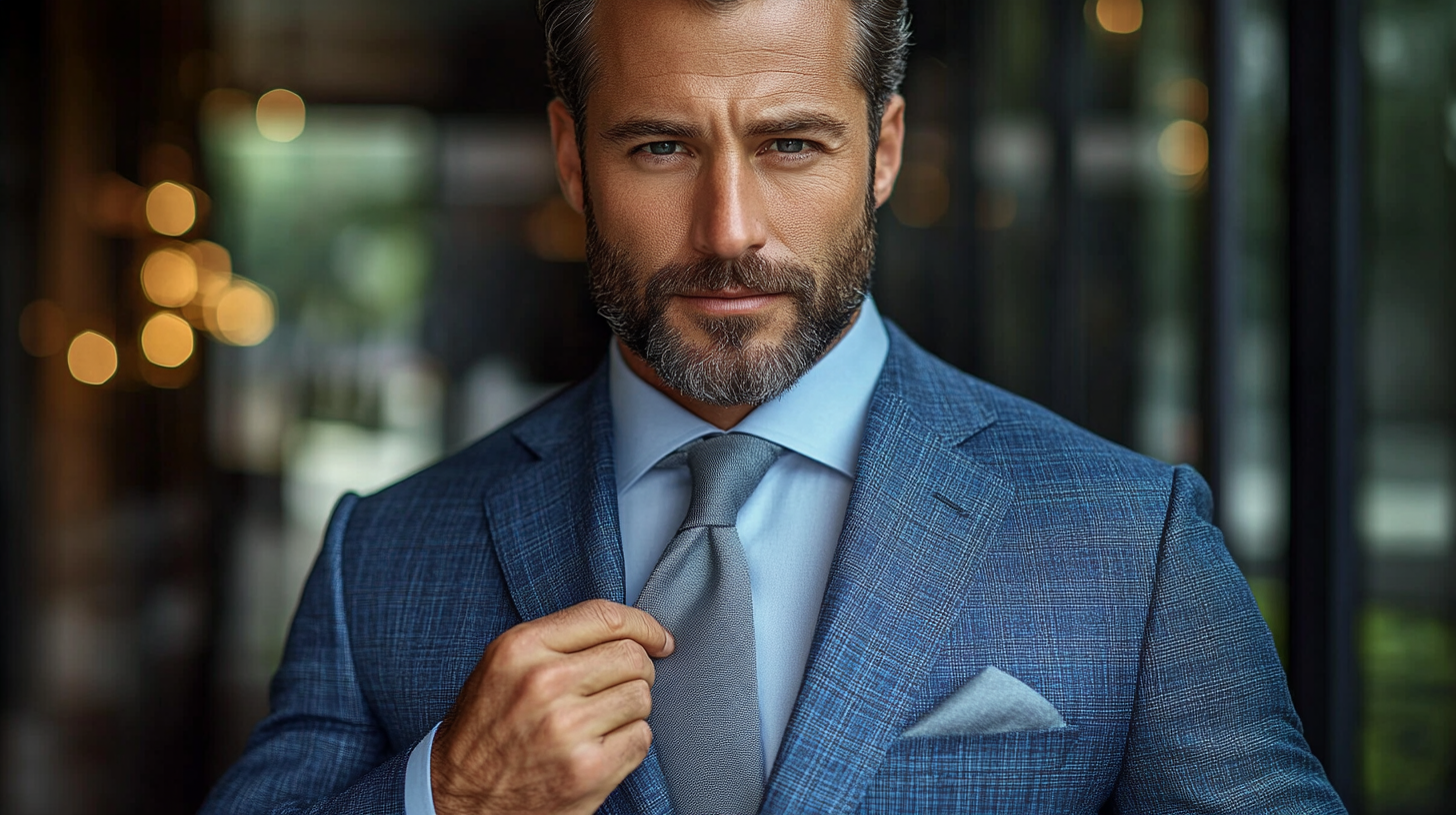 A stylish wedding guest wearing a tailored navy blue suit, paired with a light gray shirt or tie for a fresh and elegant look. The soft gray tones complement the deep navy fabric, creating a balanced outfit suitable for both formal and semi-formal weddings. The suit features a modern slim fit, sharp lapels, and a crisp dress shirt. The man adjusts his tie or jacket, showcasing the refined details of his ensemble. The softly blurred background suggests a sophisticated wedding venue with warm ambient lighting. Photorealistic, ultra-HD, cinematic lighting.