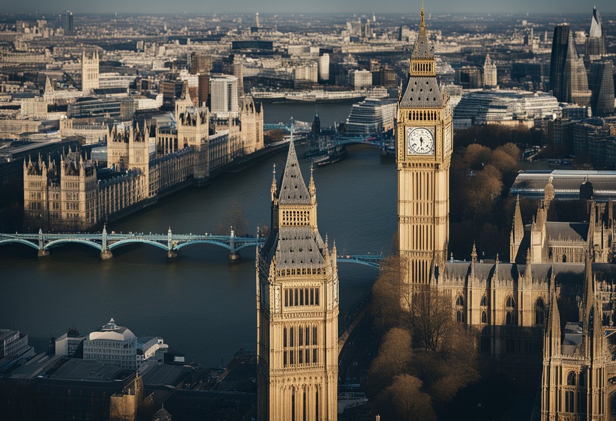 The iconic London skyline with Big Ben, the London Eye, and Tower Bridge against a backdrop of bustling city streets and historic architecture